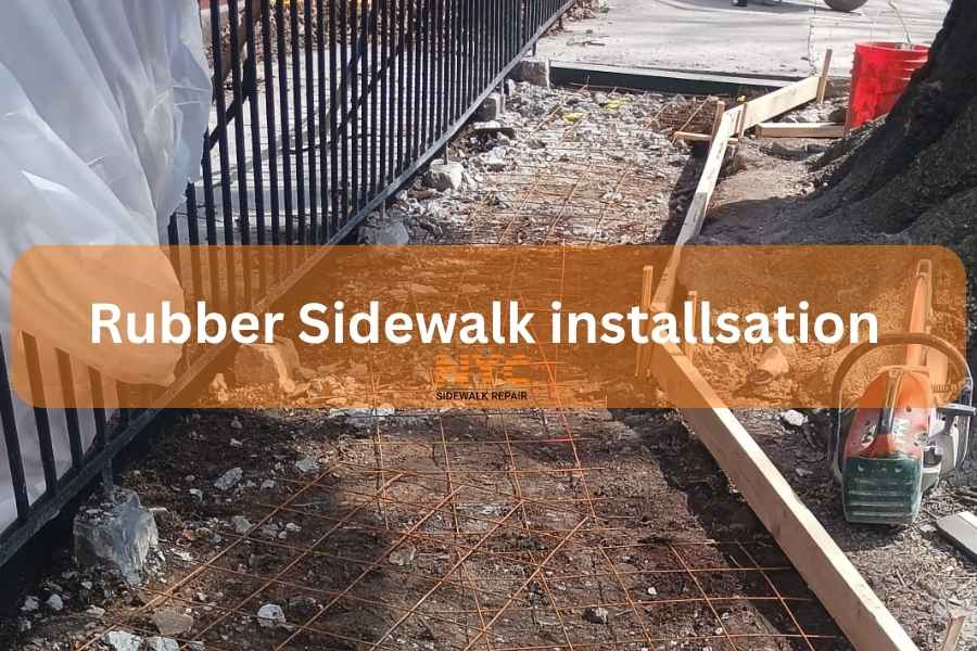 Rubber sidewalk being installed with interlocking panels for a smooth, safe surface